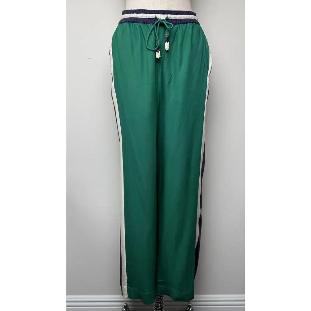 Farm Rio x Anthropologie Green Navy Wide Leg Track Pants Striped Drawstring S - Picture 11 of 16